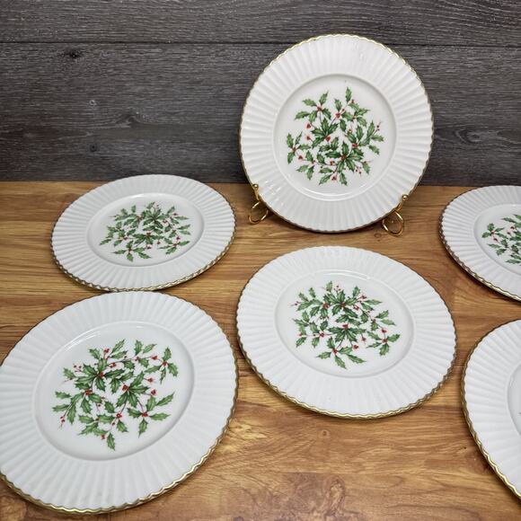 Lenox Hollyberry Salad Plates Fluted Special 8 1/2” Dimension Rim USA~set Of 6 - Picture 2 of 10
